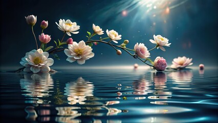 Serene Blossom Branch Reflecting on Still Water's Surface, Illuminated by Gentle Sunlight