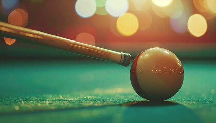 Billiard game setup cue aligns with the ball on the green felt, bokeh lights behind