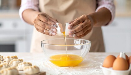 Woman adding egg into bowl at table in kitchen