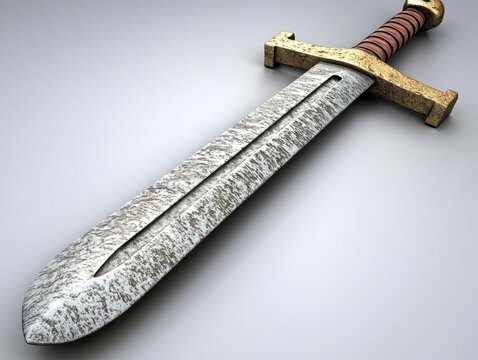 Medieval Sword Close-Up on White Background; Detailed Render of Weapon; Ancient Blade with Golden Hilt; Fantasy Hero Armament; Sharp Edged Steel