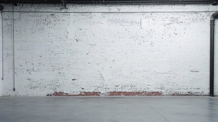 Naklejka premium Empty Warehouse Interior with White Brick Wall and Concrete Floor Studio Shot Industrial Space Wide Angle