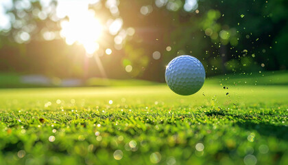 A golf ball mid-air on vibrant green grass against blurred trees and gleaming sunlight