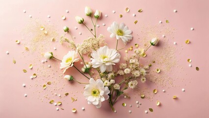 Elegant floral arrangement with pastel blossoms and gold confetti on a soft pink background