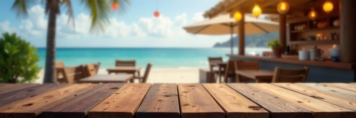 Rustic wooden table, blurred beach cafe backdrop, bokeh lights , lights, cafe, summertime