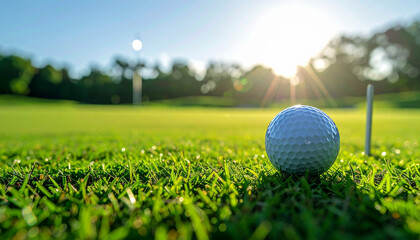 Golf ball on bright green grass near hole with sunburst sky background