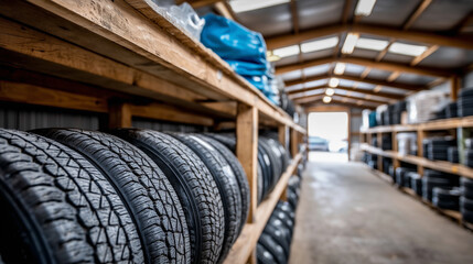 Obraz premium Tire rack filled with various tires organized in a spacious storage facility