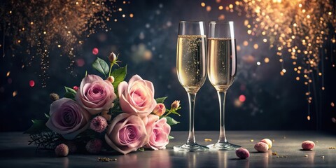 Romantic Celebration Sparkling Wine and Delicate Roses under a Festive Golden Glow