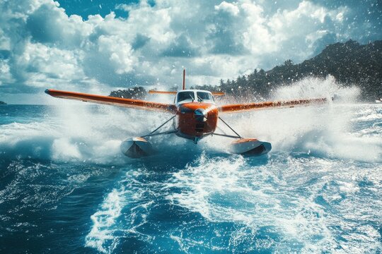 Seaplane takes off from clear blue water under a bright sky with fluffy clouds during the afternoon in a tropical location