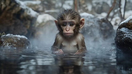 Baby monkey bathing in warm pond early in the morning