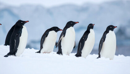 Penguins stand in snowy landscape, feathers black, white, and red in beak