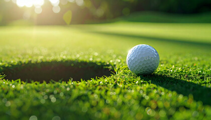 Golf ball near the hole on green grass. Sunlight shining through