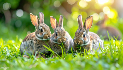 Three rabbits sitting together in green grass, with sunlight