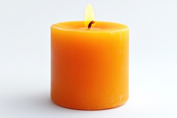 Lit Orange Candle Burning Brightly on White Background Close Up Studio Shot Still Life Warm Light Ambiance