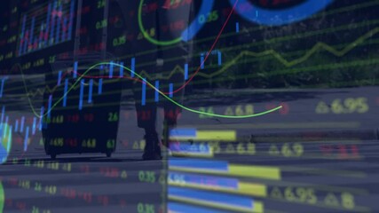 mid adult woman pulling suitcase on crosswalk, featuring financial charts and market data - Powered by Adobe