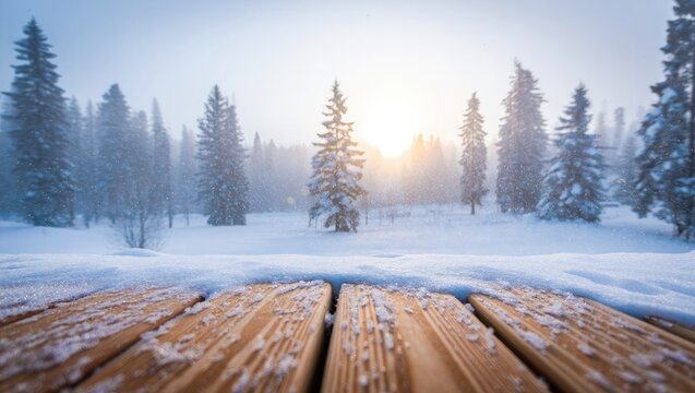 Scenic winter landscape featuring snowy pine trees and wooden tabletop in a misty morning