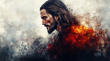 Fototapeta premium A gentle expression is seen on Jesus Christ in a watercolor artwork, where he is looking off to the side with a white background