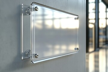 Clear acrylic sign holder mounted on a wall in a modern interior space during daylight