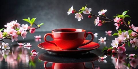 Serene Springtime A Vibrant Red Teacup Nestled Among Delicate Blossoms on a Reflective Surface