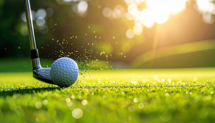 Golf club impacts the ball in sun-kissed grass, creating a spray of water droplets