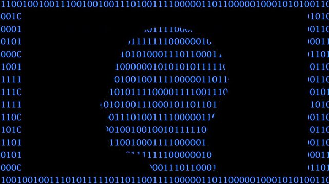 Binary code forming human head profile on black background, Digital silhouette of a head made from blue binary digits on a dark background