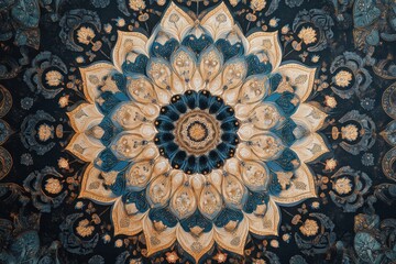 Intricate mandala design featuring a blend of colors and patterns in a circular arrangement highlighting detailed textures and craftsmanship
