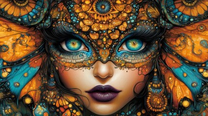 The woman's face is decorated with a mask that has intricate, colorful patterns, including yellow and teal, on a black background
