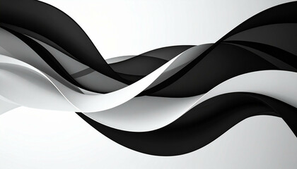 Wavy abstract design of black, white, and gray paper elements on a bright white background