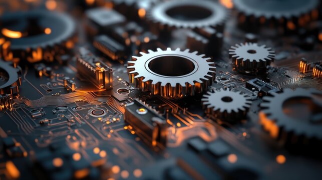 Close-up view of intricate mechanical gears and components illuminated by warm orange light. showcasing advanced technology in a dark environment. ideal for industrial or engineering themes