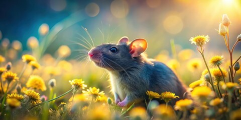A small rodent amidst a field of vibrant yellow wildflowers basking in the warm glow of the setting sun