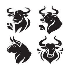 black Set of vector black silhouettes of bull icon isolated a white background