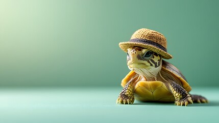 Turtle with a tiny hat in minimalist cute style on a soft green background