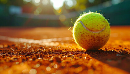 Tennis ball rests on a clay court, basking in golden sunlight