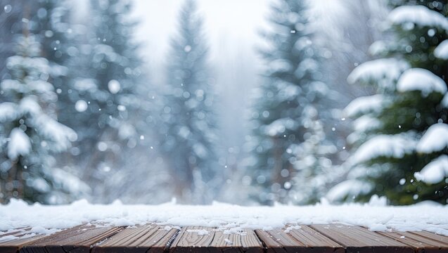 Snowy winter forest scene with wooden tabletop perfect for product presentation or display