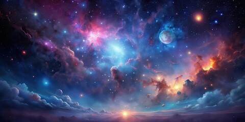 A celestial landscape featuring a vibrant nebula, distant stars, a radiant sunrise, and a serene moon above a dreamlike cloudscape.