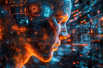 A close up of a person's face with a circuit board in the background