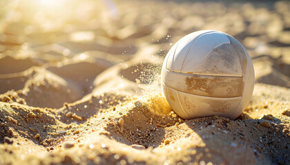 Beach ball on sand, sunlit