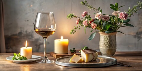 Romantic candlelit dinner scene featuring a glass of wine, artisanal cheese, and delicate floral arrangement