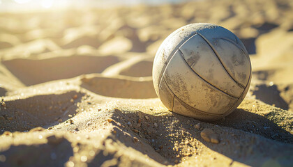 A weathered ball sits on sun-kissed sand, shadowed by daylight