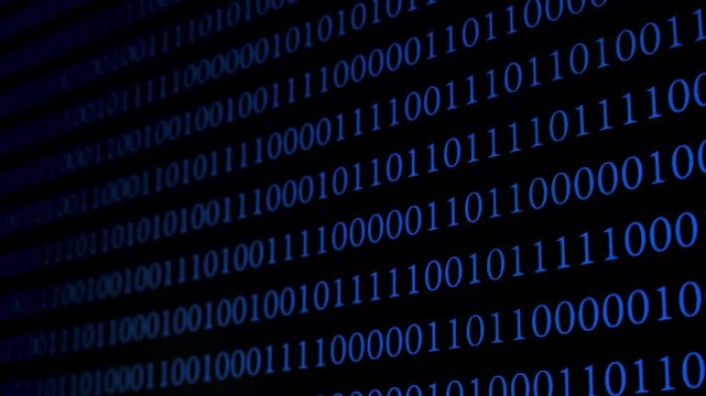 The background features a continuous stream of binary code in vibrant blue, creating a digital atmosphere that evokes themes of technology and data processing.