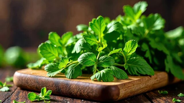 Fresh mint leaves bunch on wooden cutting board on rustic table