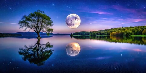 Serene Night Scene Solitary Tree on a Tranquil Lake Under a Full Moon and Starry Sky