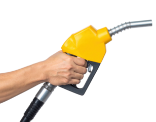 A hand gripping a yellow fuel nozzle.