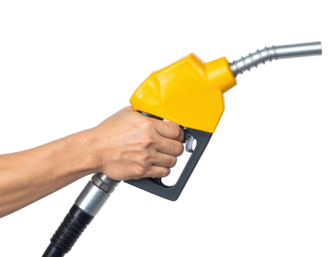 A hand gripping a yellow fuel nozzle.