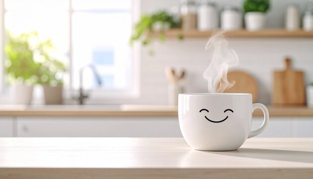 Taza de caf&eacute; animada con gui&ntilde;o sobre la encimera de la cocina con vapor de caf&eacute;, taza blanca con dise&ntilde;o minimalista, ambiente l&uacute;dico y amigable.