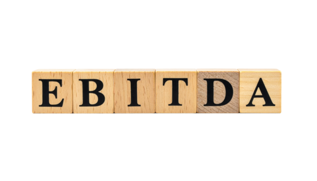 Wooden blocks spell out the financial term "EBITDA" in black capital letters.