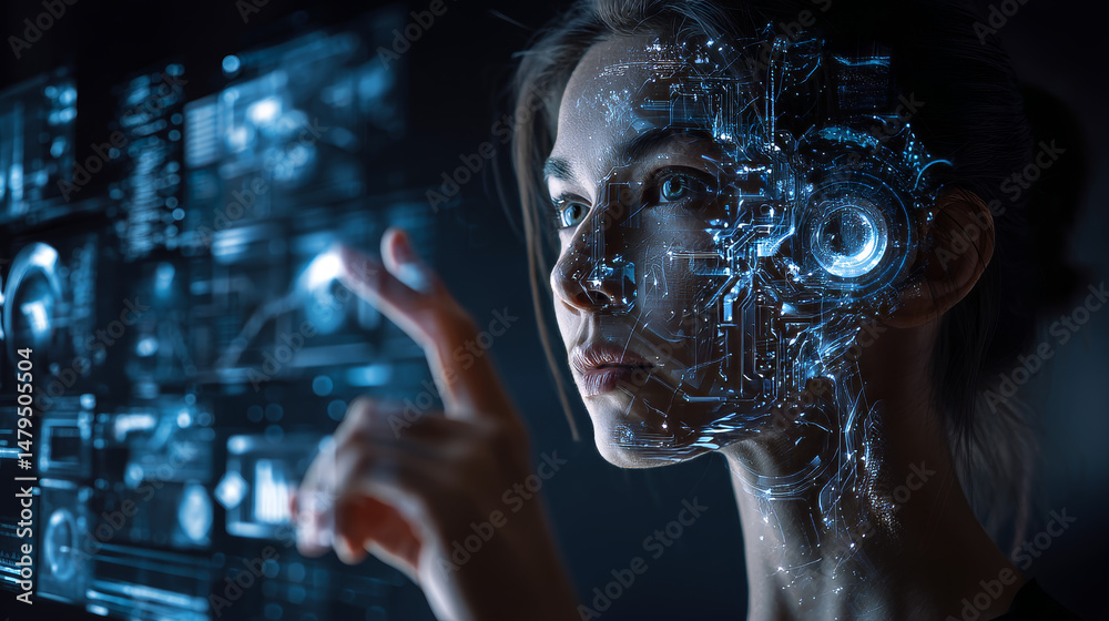 Poster ai in image cybernetic anthropomorphic woman working with matrix data on virtual interface. head or 