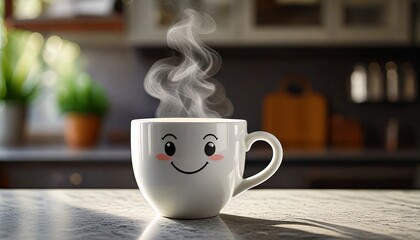 Taza de café animada con guiño sobre la encimera de la cocina con vapor de café, taza blanca con diseño minimalista, ambiente lúdico y amigable.