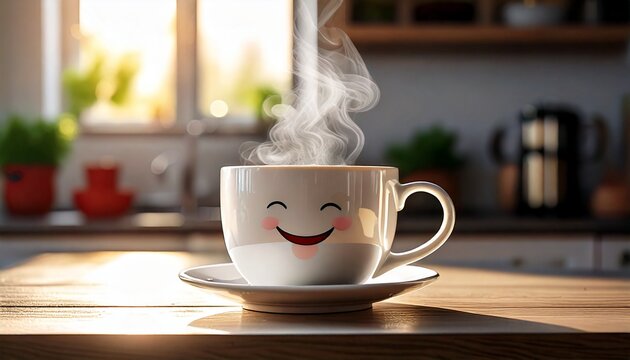 Taza de caf&eacute; animada con gui&ntilde;o sobre la encimera de la cocina con vapor de caf&eacute;, taza blanca con dise&ntilde;o minimalista, ambiente l&uacute;dico y amigable.
