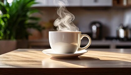 Fototapeta premium Taza de café sobre la encimera de la cocina con vapor de café, taza blanca con diseño minimalista, ambiente lúdico y amigable.