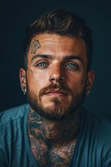 Fototapeta premium A man with tattoos on his face and neck